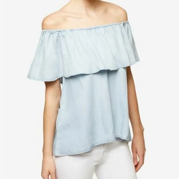 Sanctuary Chambray Off Shoulder Ruffle Top Blouse - Picture 5 of 13